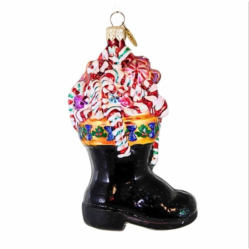 Christopher Radko Black Santa boot filled with candy canes and peppermints